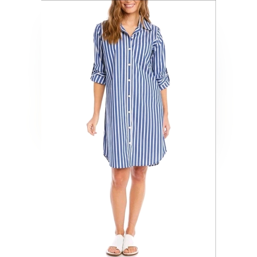 Roll Tab Stripe Shirtdress in 100% Woven Cotton by Karen Kane Button Down Size S